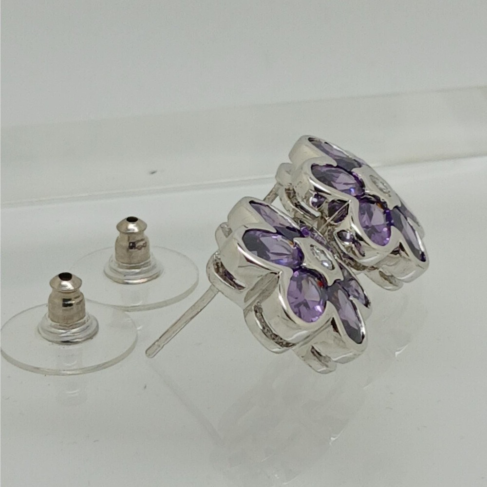 Vintage 1990s Purple Flower Stud Earrings Cubic Zirconia Silver Tone Sim Diamond - Picture 15 of 17